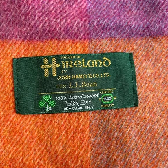 John Hanly & Co. LTD for L.L Bean Lambswool Check Scarf 64" X 12" Purple Fringe - Picture 2 of 3